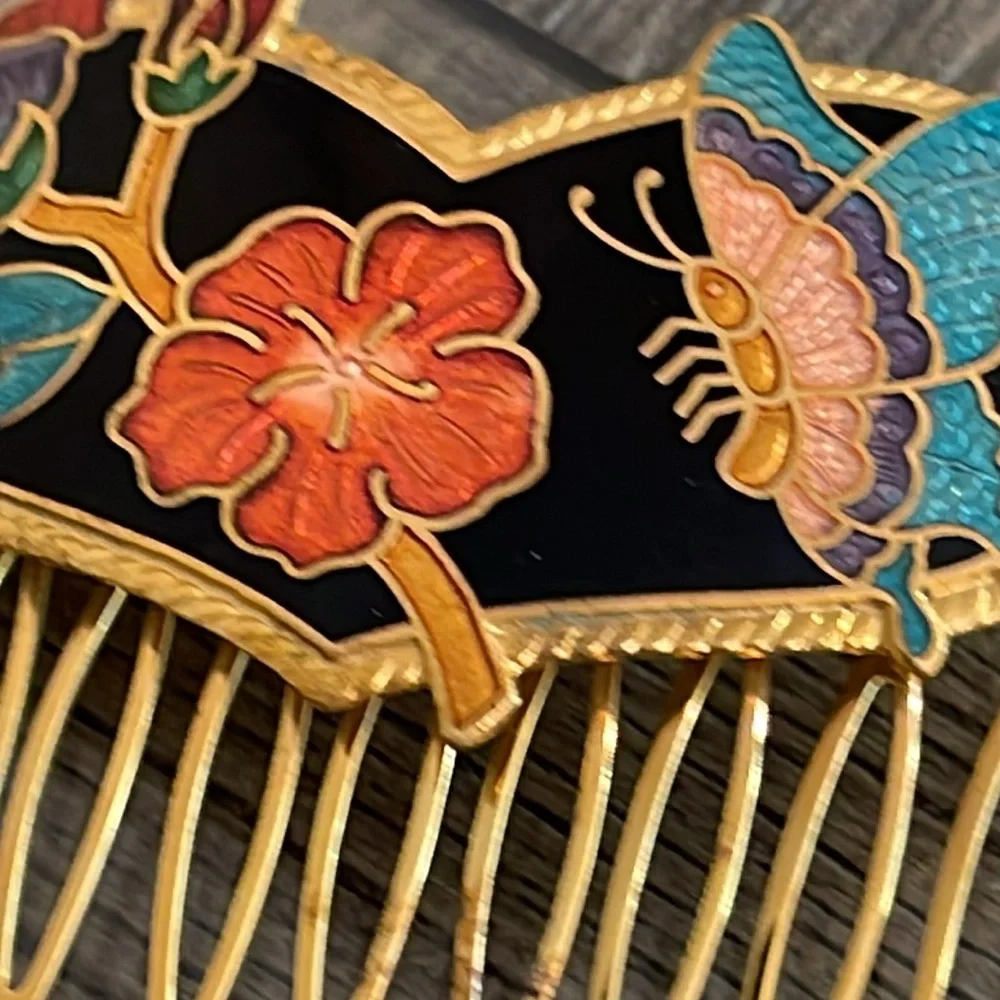 Vintage Cloisonné Butterfly Heart & Flower Hair Combs - Picture 6 of 16